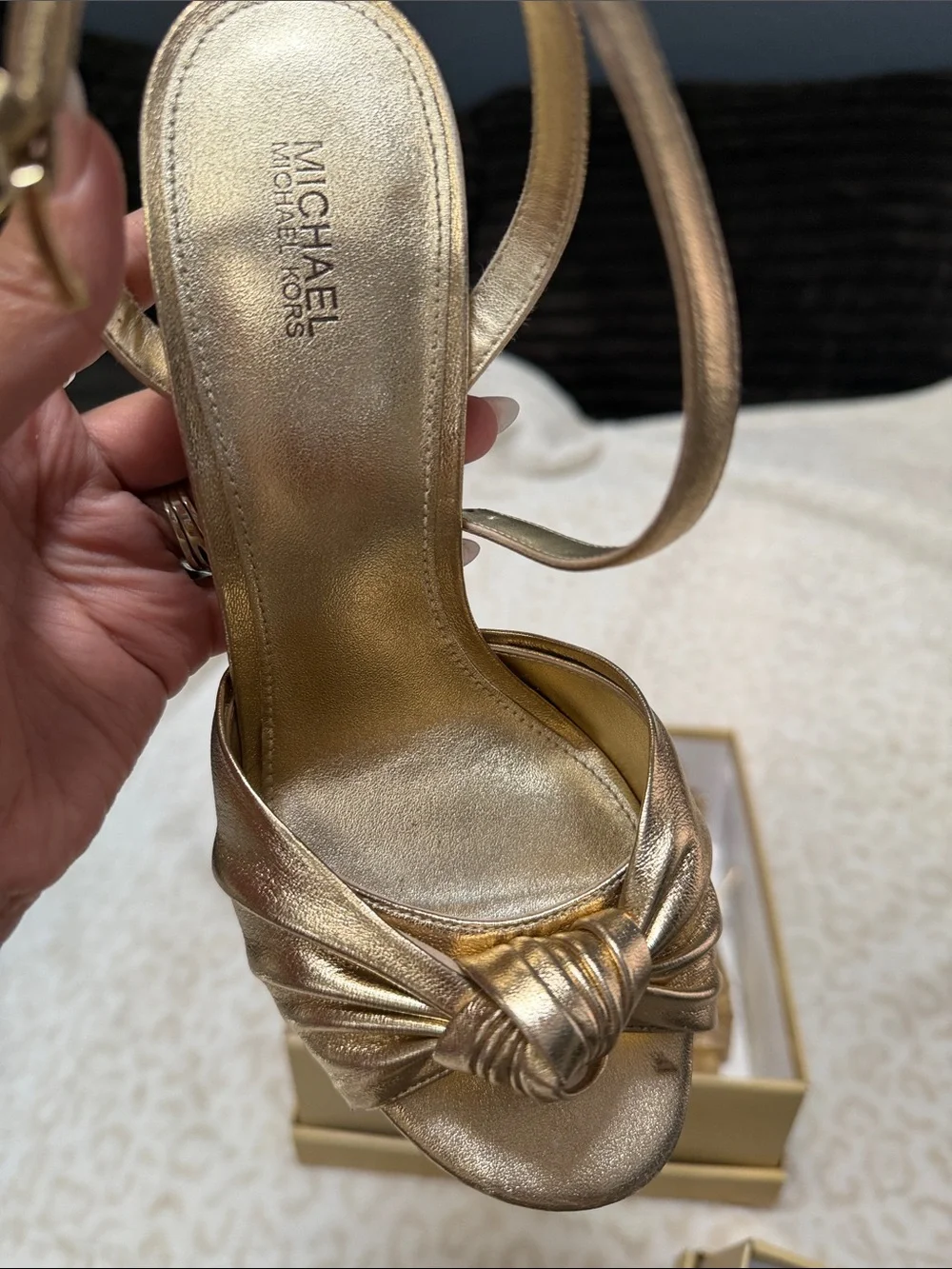 Michael Kors Metallic Gold Knot-Front Ankle-Strap Heels